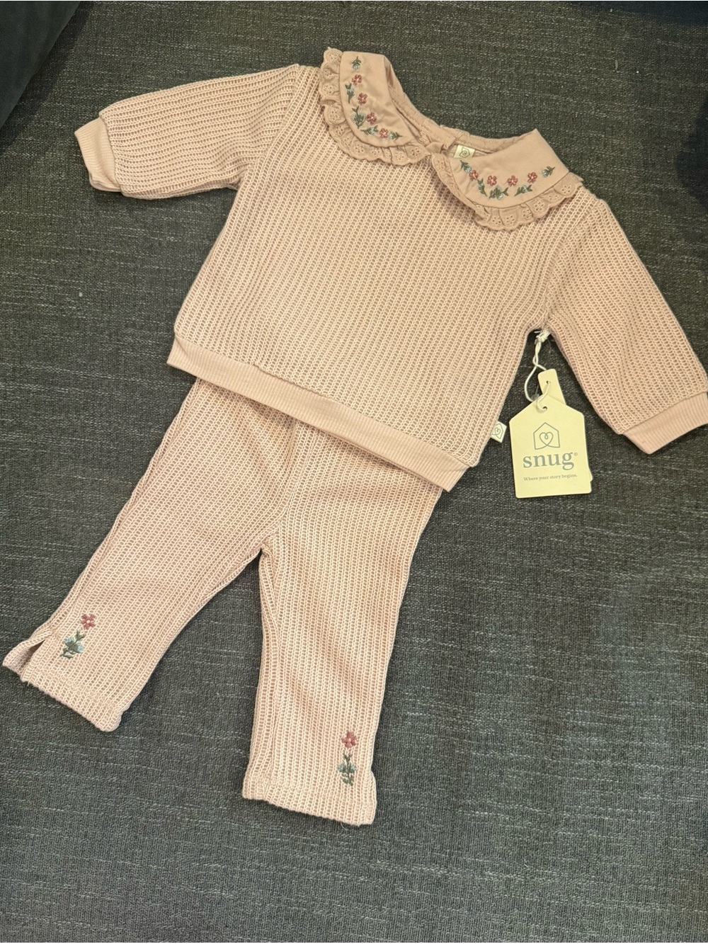 Snug Pink Knit Baby Top and Pant Set with embroidered Floral Collar